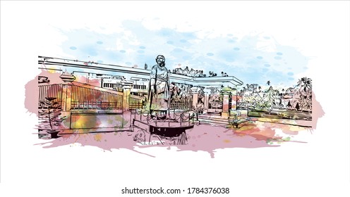 Building view with landmark  of Agartala is the capital city of Tripura, a northeast Indian state. Watercolor splash with hand drawn sketch illustration in vector.