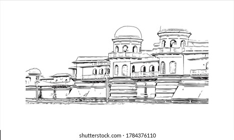 Building view with landmark  of Agartala is the capital city of Tripura, a northeast Indian state. Hand drawn sketch illustration in vector.