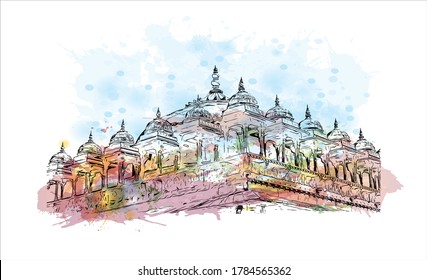 Building view with landmark of Agra is a city on the banks of the Yamuna river in the Indian state of Uttar Pradesh. Watercolor splash with hand drawn sketch illustration in vector.