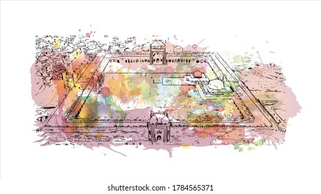 Building view with landmark of Agra is a city on the banks of the Yamuna river in the Indian state of Uttar Pradesh. Watercolor splash with hand drawn sketch illustration in vector.