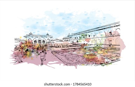 Building view with landmark of Agra is a city on the banks of the Yamuna river in the Indian state of Uttar Pradesh. Watercolor splash with hand drawn sketch illustration in vector.
