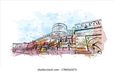 Building view with landmark of Agra is a city on the banks of the Yamuna river in the Indian state of Uttar Pradesh. Watercolor splash with hand drawn sketch illustration in vector.