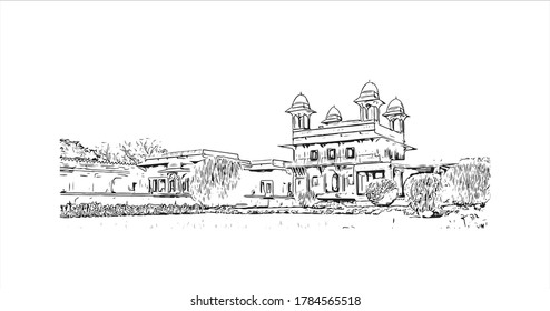 Building view with landmark of Agra is a city on the banks of the Yamuna river in the Indian state of Uttar Pradesh. Hand drawn sketch illustration in vector.