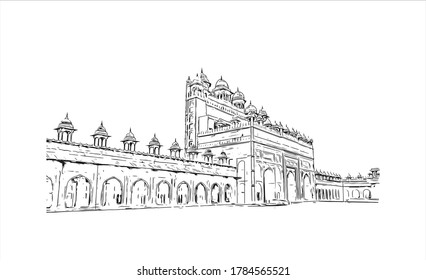 Building view with landmark of Agra is a city on the banks of the Yamuna river in the Indian state of Uttar Pradesh. Hand drawn sketch illustration in vector.