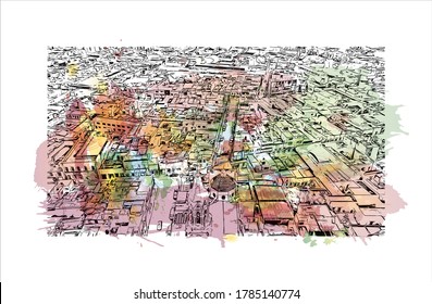 Construir vista con el punto de referencia de Aguascalientes es una ciudad en el centro de México conocida por los españoles. Salto de color de agua con ilustración de esbozo dibujada a mano en vector.
