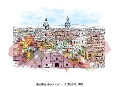 Construir vista con el punto de referencia de Aguascalientes es una ciudad en el centro de México conocida por los españoles. Salto de color de agua con ilustración de esbozo dibujada a mano en vector.