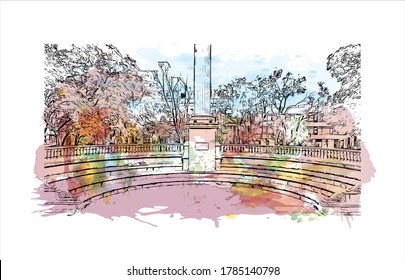 Building view with landmark of Aguascalientes is a city in central Mexico known for the Spanish. Watercolor splash with Hand drawn sketch illustration in vector.