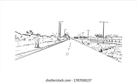 Building view with landmark of Ahmedabad, in western India, is the largest city in the state of Gujarat. Hand drawn sketch illustration in vector.