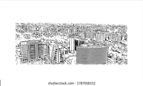 Building view with landmark of Ahmedabad, in western India, is the largest city in the state of Gujarat. Hand drawn sketch illustration in vector.