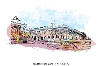 Building view with landmark of Ahmedabad, in western India, is the largest city in the state of Gujarat. Watercolor splash with hand drawn sketch illustration in vector.