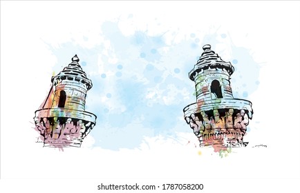 Building view with landmark of Ahmedabad, in western India, is the largest city in the state of Gujarat. Watercolor splash with hand drawn sketch illustration in vector.