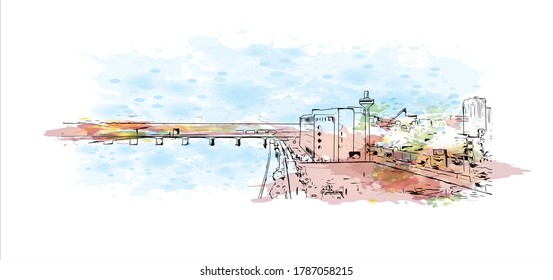 Building view with landmark of Ahmedabad, in western India, is the largest city in the state of Gujarat. Watercolor splash with hand drawn sketch illustration in vector.