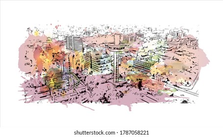 Building view with landmark of Ahmedabad, in western India, is the largest city in the state of Gujarat. Watercolor splash with hand drawn sketch illustration in vector.