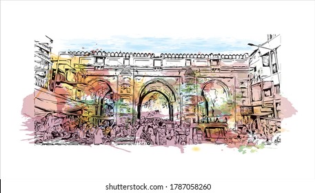 Building view with landmark of Ahmedabad, in western India, is the largest city in the state of Gujarat. Watercolor splash with hand drawn sketch illustration in vector.