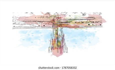 Building view with landmark of Ahmedabad, in western India, is the largest city in the state of Gujarat. Watercolor splash with hand drawn sketch illustration in vector.