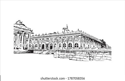 Building view with landmark of Ahmedabad, in western India, is the largest city in the state of Gujarat. Hand drawn sketch illustration in vector.