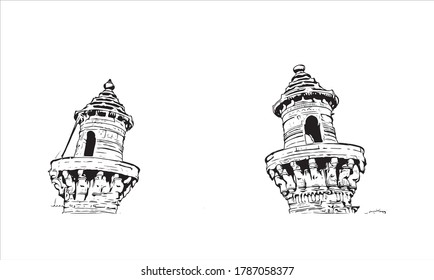 Building view with landmark of Ahmedabad, in western India, is the largest city in the state of Gujarat. Hand drawn sketch illustration in vector.