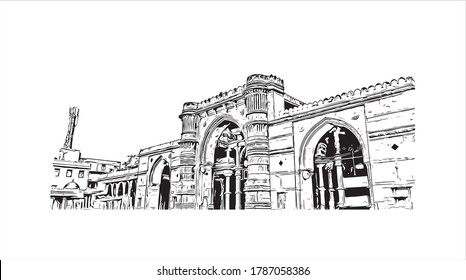 Building view with landmark of Ahmedabad, in western India, is the largest city in the state of Gujarat. Hand drawn sketch illustration in vector.