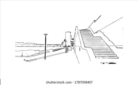 Building view with landmark of Ahmedabad, in western India, is the largest city in the state of Gujarat. Hand drawn sketch illustration in vector.