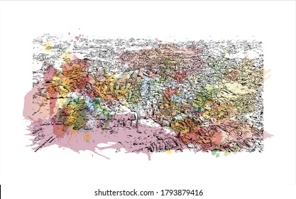 Building view with landmark of Ahmednagar is a city in Ahmednagar district in the state of Maharashtra, India. Watsrcolor splash with hand drawn sketch illustration in vector.