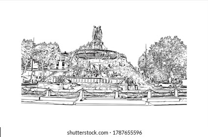 Building view with landmark of Aix-en-Provence is a university city in the Provence-Alpes-Cote d'Azur region of France. Hand drawn sketch illustration in vector.