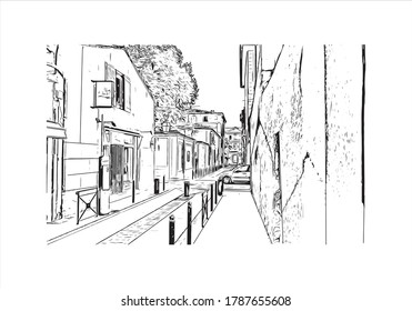 Building view with landmark of Aix-en-Provence is a university city in the Provence-Alpes-Cote d'Azur region of France. Hand drawn sketch illustration in vector.