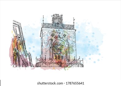 Building view with landmark of Aix-en-Provence is a university city in the  region of France. Watercolor splash with  hand drawn sketch illustration in vector.