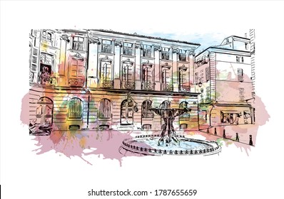 Building view with landmark of Aix-en-Provence is a university city in the  region of France. Watercolor splash with  hand drawn sketch illustration in vector.