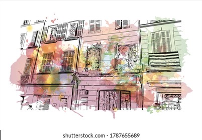 Building view with landmark of Aix-en-Provence is a university city in the  region of France. Watercolor splash with  hand drawn sketch illustration in vector.