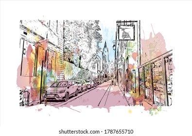 Building view with landmark of Aix-en-Provence is a university city in the  region of France. Watercolor splash with  hand drawn sketch illustration in vector.