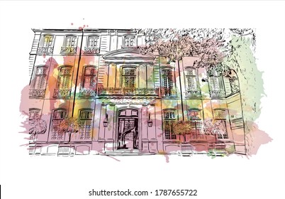 Building view with landmark of Aix-en-Provence is a university city in the  region of France. Watercolor splash with  hand drawn sketch illustration in vector.