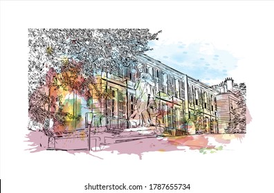 Building view with landmark of Aix-en-Provence is a university city in the  region of France. Watercolor splash with  hand drawn sketch illustration in vector.