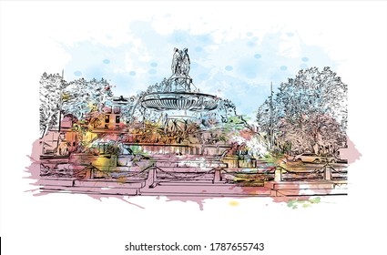 Building view with landmark of Aix-en-Provence is a university city in the  region of France. Watercolor splash with  hand drawn sketch illustration in vector.