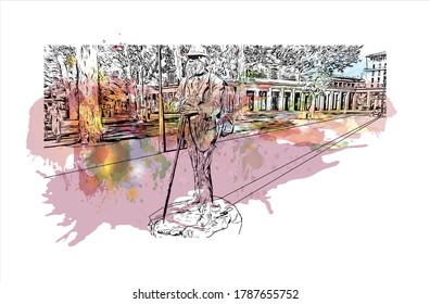 Building view with landmark of Aix-en-Provence is a university city in the  region of France. Watercolor splash with  hand drawn sketch illustration in vector.