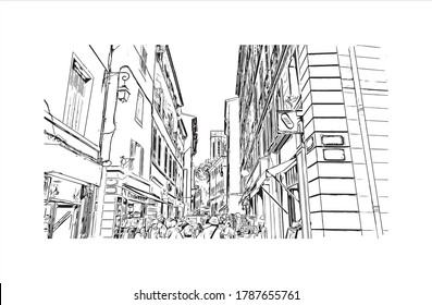 Building view with landmark of Aix-en-Provence is a university city in the Provence-Alpes-Cote d'Azur region of France. Hand drawn sketch illustration in vector.