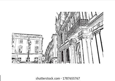 Building view with landmark of Aix-en-Provence is a university city in the Provence-Alpes-Cote d'Azur region of France. Hand drawn sketch illustration in vector.