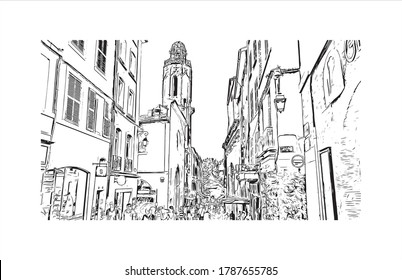 Building view with landmark of Aix-en-Provence is a university city in the Provence-Alpes-Cote d'Azur region of France. Hand drawn sketch illustration in vector.