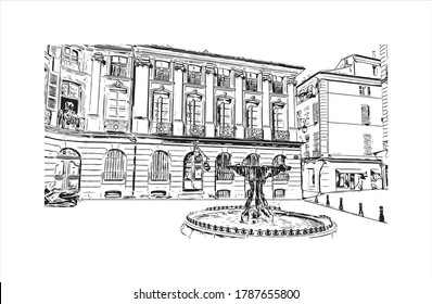 Building view with landmark of Aix-en-Provence is a university city in the Provence-Alpes-Cote d'Azur region of France. Hand drawn sketch illustration in vector.