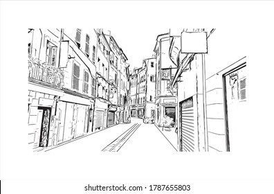 Building view with landmark of Aix-en-Provence is a university city in the Provence-Alpes-Cote d'Azur region of France. Hand drawn sketch illustration in vector.