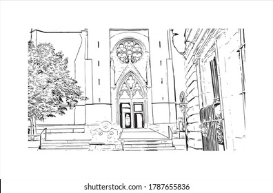 Building view with landmark of Aix-en-Provence is a university city in the Provence-Alpes-Cote d'Azur region of France. Hand drawn sketch illustration in vector.