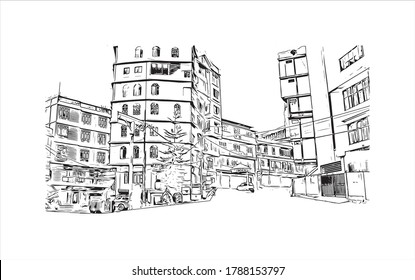 Building view with landmark of Aizawl is the capital of the state of Mizoram in India. Hand drawn sketch illustration in vector.