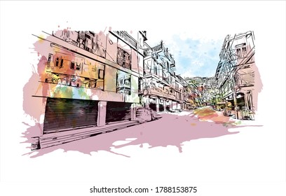 Building view with landmark of Aizawl is the capital of the state of Mizoram in India. Watercolor splash with hand drawn sketch illustration in vector.