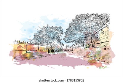 Building view with landmark of Aizawl is the capital of the state of Mizoram in India. Watercolor splash with hand drawn sketch illustration in vector.