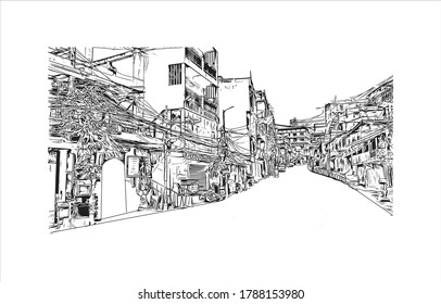 Building view with landmark of Aizawl is the capital of the state of Mizoram in India. Hand drawn sketch illustration in vector.