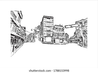 Building view with landmark of Aizawl is the capital of the state of Mizoram in India. Hand drawn sketch illustration in vector.