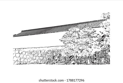 Building view with landmark of Aizuwakamatsu is a city on Japan’s Honshu island. Hand drawn sketch illustration in vector.