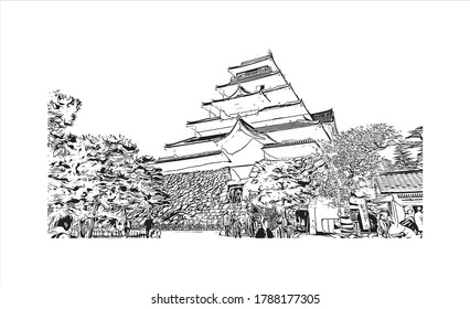 Building view with landmark of Aizuwakamatsu is a city on Japan’s Honshu island. Hand drawn sketch illustration in vector.