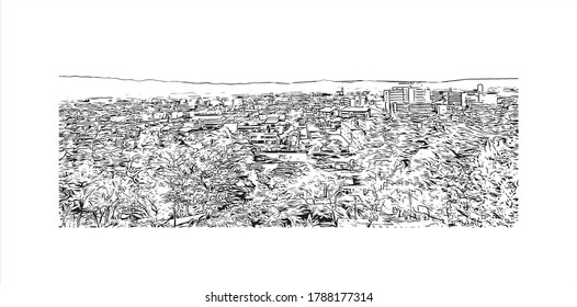 Building view with landmark of Aizuwakamatsu is a city on Japan’s Honshu island. Hand drawn sketch illustration in vector.