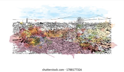 Building view with landmark of Aizuwakamatsu is a city on Japan’s Honshu island. Watercolor splash with hand drawn sketch illustration in vector.