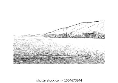 Building view with landmark of Ajaccio is the capital of Corsica, a French island in the Mediterranean Sea. Hand drawn sketch illustration in vector.